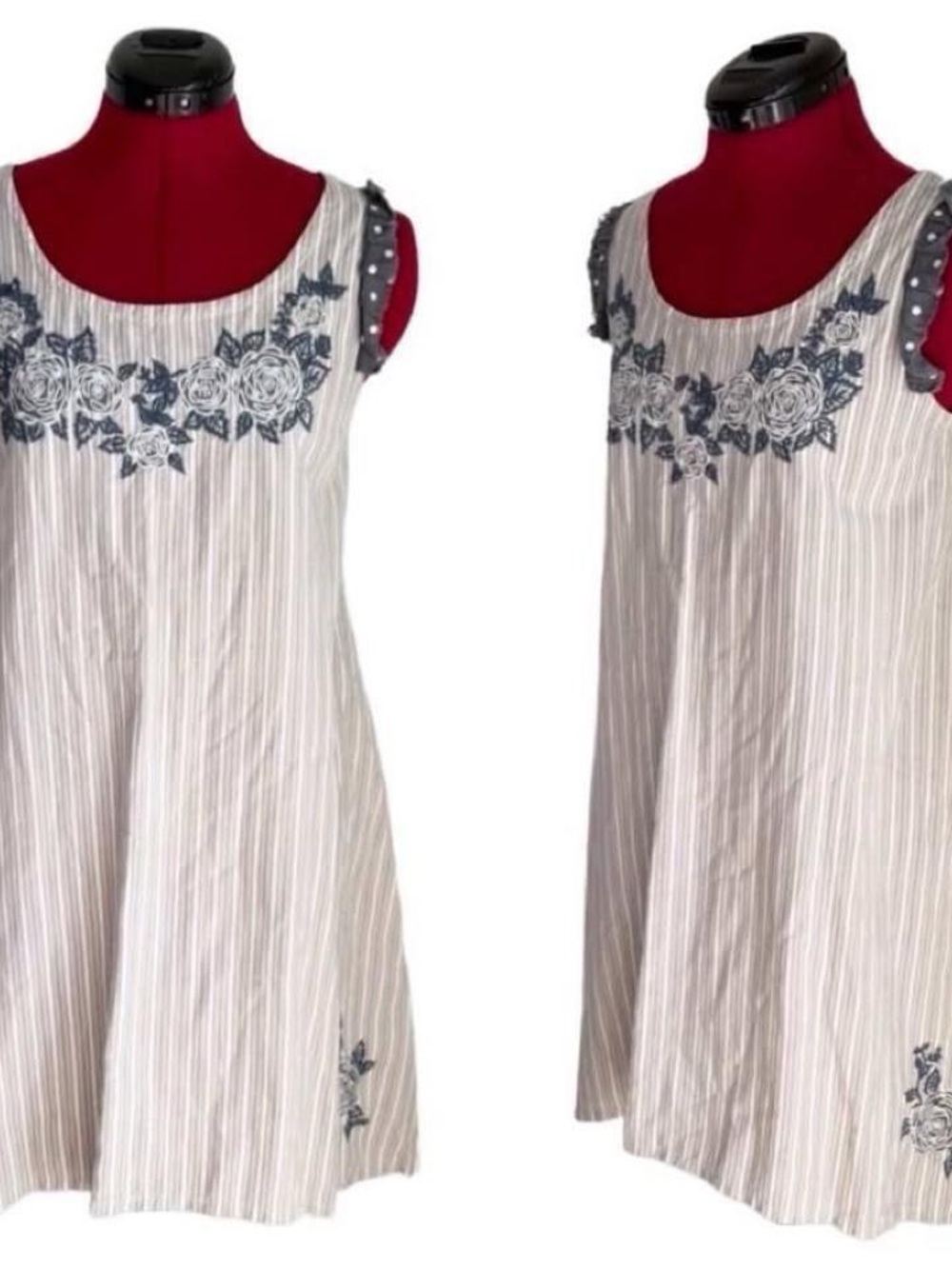 April Cornell Cream Striped Dress with Blue Floral Embroidery Cotton Neutral